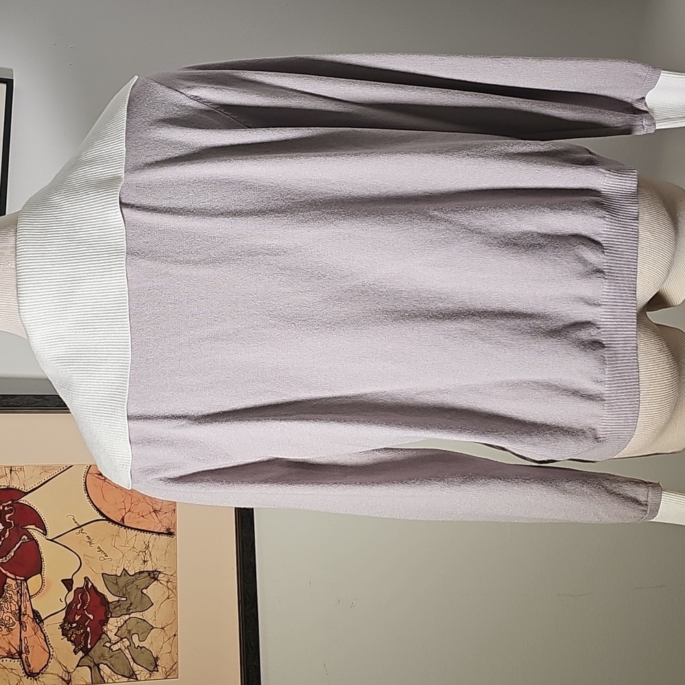 Light Gray With White Trim Collared V-Neck Women's Sweater By Milano XL. - Picture 5 of 7